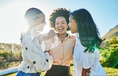 Image of Friends, happy and women hug outdoor in nature, travel and adventure with lens flare, day out in the sun for summer holiday. Happiness, care and together with love and bonding on vacation in Brazil.