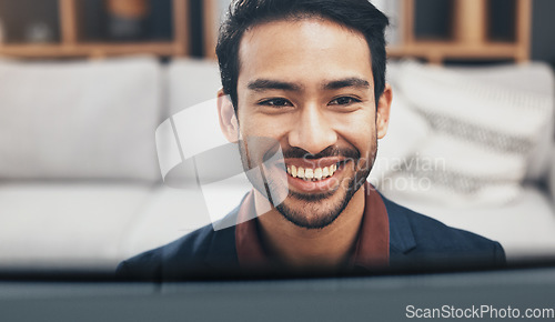 Image of Work from home, happy man and computer for remote job opportunity, smile for video call or business communication. Professional asian person or freelancer worker working online with career happiness