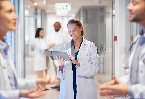 Image of Happy woman doctor on tablet for employees management, hospital workflow and clinic staff solution on software or app. Healthcare manager on digital tech for medical team research or problem solving