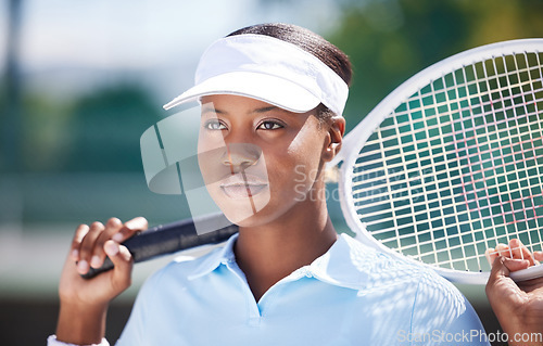 Image of Thinking, tennis sports and black woman on court outdoors for match, game or competition. Training face, idea and serious athlete with racket for exercise, practice or workout for wellness or fitness