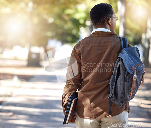 Image of Black man, walking or backpack on campus, park nature or garden for college, university or school studying development. Student, gen z and person with learning books, education bag or growth mindset