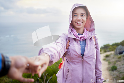 Image of Couple holding hands, pov and hiking with smile, walking and adventure for fitness on mountain. Gen z man, woman and outdoor for travel, holiday and summer training with love, bonding and support