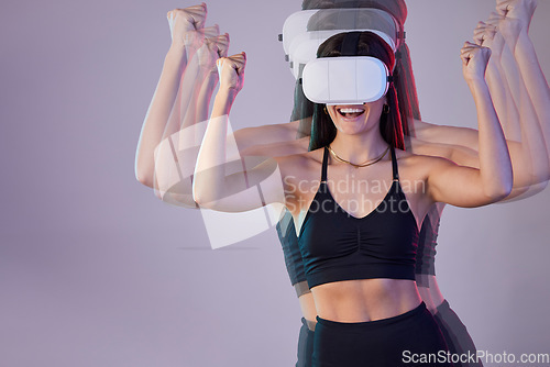 Image of Success, vr winner or happy woman in metaverse on studio background digital gaming on cyber sports. Excited girl, fist or virtual reality user victory or gamer winning in futuristic 3d ai experience