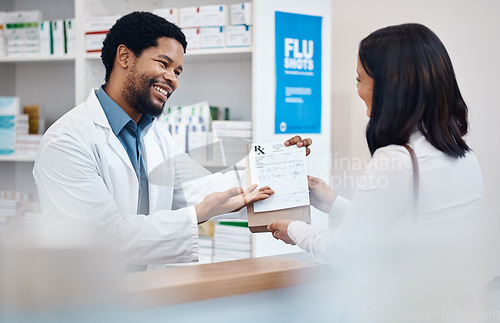 Image of Pharmacy, counter and pharmacist with medicine for customer for wellness, drugs and medical prescription. Healthcare, clinic service and happy black man with client for medication, pills and package