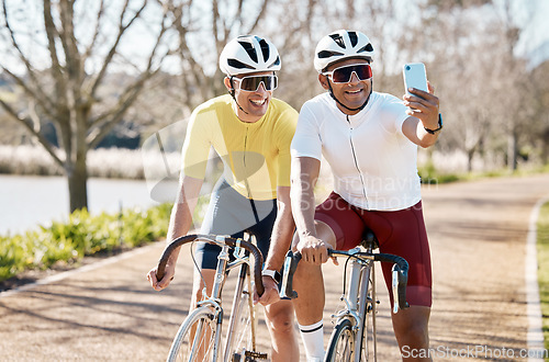 Image of Cycling, sports and selfie with friends in park for fitness, social media and teamwork training. Health, smile and happy with portrait of men on bike in outdoors for picture, workout and adventure