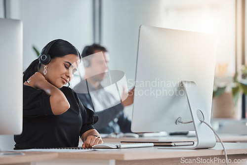 Image of Neck pain, call center and burnout with woman in office for communication, consulting and customer service. Stress, headache and tired with employee at computer for hotline, help desk and advisory