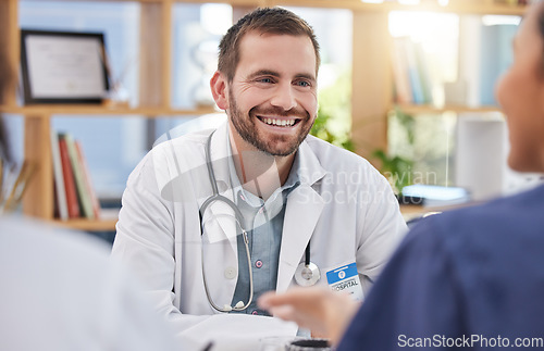 Image of Doctor, happy man and meeting healthcare team in hospital management, medicine and leadership discussion. Medical surgeon, smile and talking to employees in collaboration, clinic and surgery planning