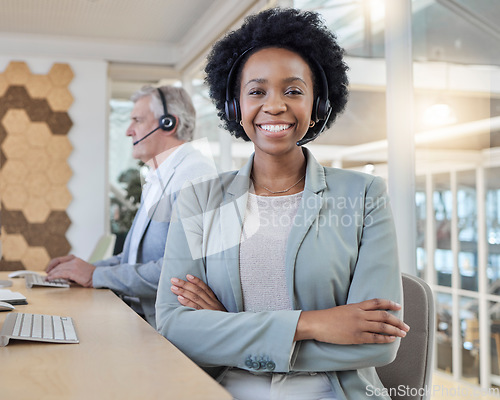 Image of Customer, call center and portrait of confident black woman at computer with headset and smile. Happy to help, consultant at online crm office, leader at advisory agency with diversity and success.