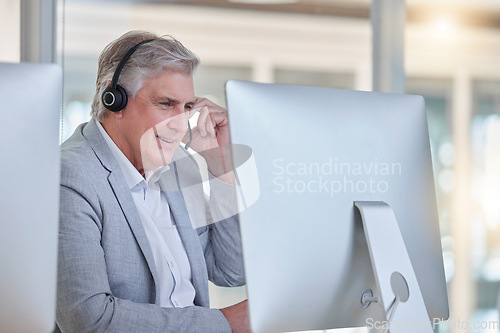Image of Call center, smile and senior man at computer with headset in consulting office or help desk. Ceo, life insurance sales and mature businessman at advisory agency, contact us and crm networking online
