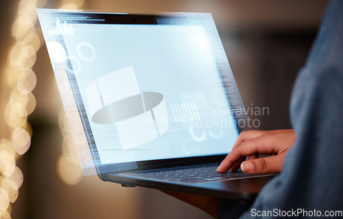 Image of Mockup screen, typing and employee with a laptop for marketing, website and online search. Digital, business and hands of a corporate worker working on a computer for branding, logo or research