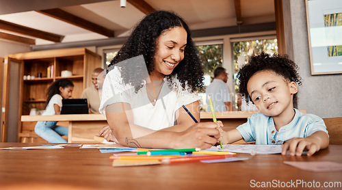 Image of Learning, education or mom with kid drawing in book in house for studying, homework or artistic hobby. Happy family development, growth and creative baby boy or toddler with mother teaching him art