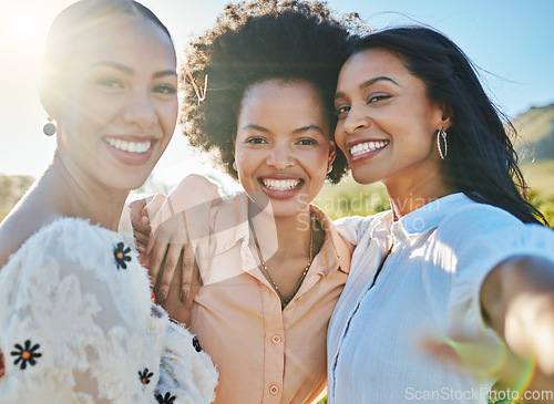 Image of Friends, selfie and women smile in portrait with hug, freedom together outdoor and nature, happy with lens flare. Travel, adventure and happiness in picture, female friendship and fun summer holiday.