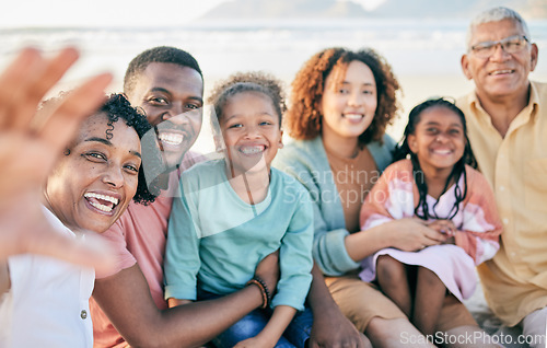 Image of Family, selfie and travel, generations in portrait with happiness outdoor on beach, memory and together with love. Grandparents, parents and children, happy people with smile in picture and holiday