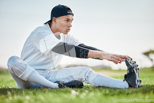 Image of Baseball stadium, stretching or sports man on field ready for training match on a pitch or grass in summer. Softball exercise, fitness workout or young player in warm up to start playing outdoors