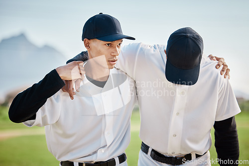 Image of Baseball, men or sports injury help on field, grass or stadium ground in fail, fitness problem or dehydration burnout. Softball player, teamwork or stress in game loss, match or competition accident