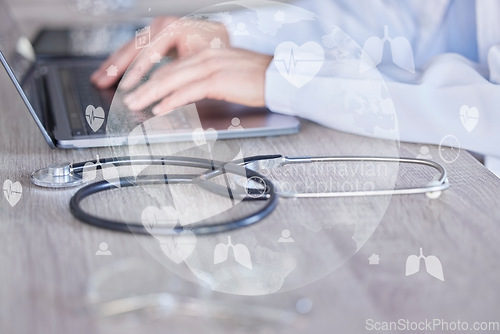 Image of Doctor, hands and laptop with stethoscope in double exposure or global healthcare research at office desk. Hand of medical expert on computer typing in online medicare search or networking on overlay