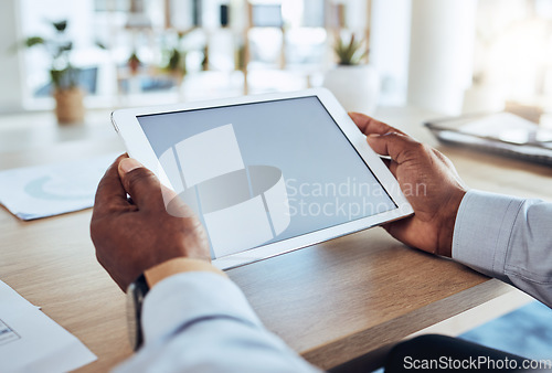 Image of Tablet screen in hands, man in business with mockup, technology and digital device with app marketing and network. Corporate male, internet and ux with communication, branding and display
