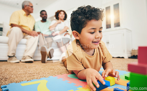 Image of Family, happy and boy on floor with toys for playing, creative activity and having fun in living room. Education, child development and kid enjoy building blocks, games and relax with parents at home