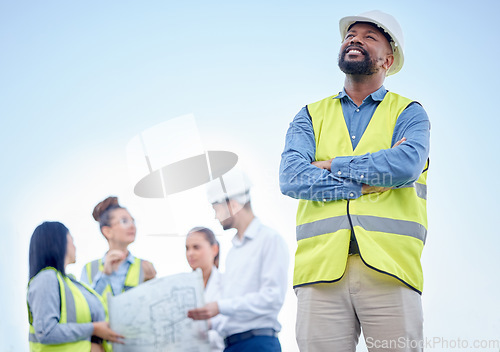 Image of Proud engineering man or manager outdoor planning, thinking of construction job and project management. Engineering blueprint, floor plan and leadership of architecture contractor on blue sky mockup