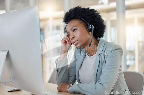 Image of Telemarketing, business and black woman with stress, headache and agent with mental health issue. Female employee, consultant and worker with migraine, tired and depression in workplace and burnout