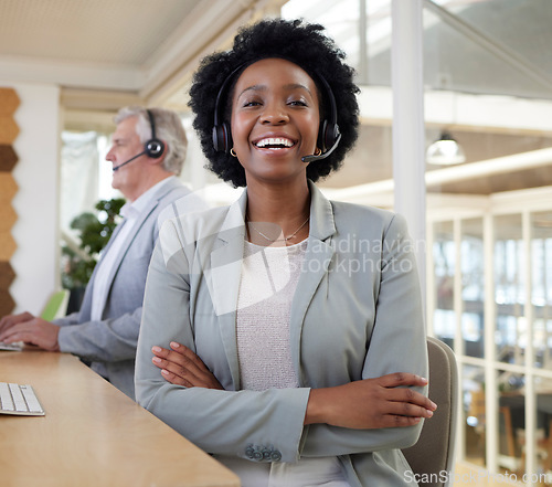 Image of Customer support, smile and portrait of confident black woman at computer with headset at help desk. Call center consultant at online crm office, leader at advisory agency with diversity and success.