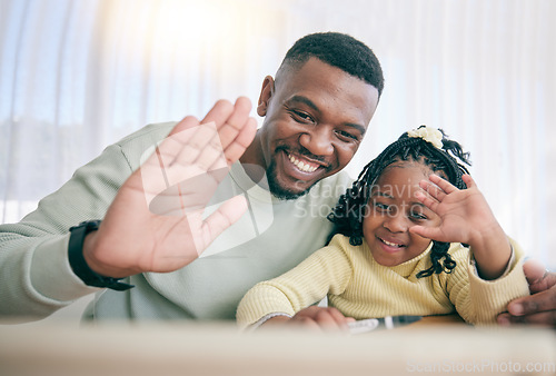 Image of Video call, black family and online education with father support for child development, e learning and welcome to webinar. Hello, wave and happy dad or man with kid for elearning platform discussion
