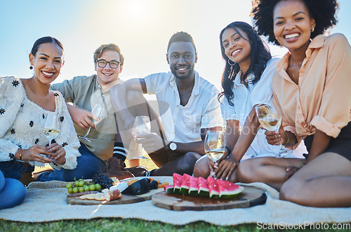Image of Wine, fruit or friends at picnic to relax or bond on summer holiday vacation at countryside on grass field. Portrait, trust or happy people eating fruits with drinks to celebrate a reunion in nature
