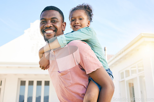 Image of Portrait, piggy back and black father with girl, happiness and quality time outdoor, fun and playful. Face, family or African American dad carry daughter, smile or bonding together, loving or outside