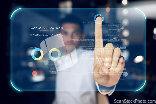 Image of Futuristic, holographic or man with fingerprint on touch screen, man in digital technology for identity data. Hands on biometric cyber security business, 3d innovation or ux design user in vr office