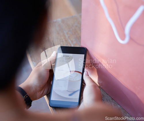 Image of Website, reading and the phone screen of a woman with a menu, food decision or coffee choice. Online, lunch and a girl with a mobile app of a restaurant for hunger, snack or a meal at a cafe