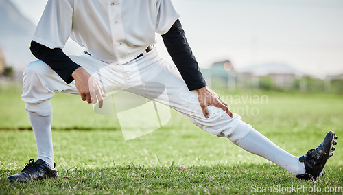 Image of Baseball stadium, stretching legs or athlete on field ready for training match on grass in summer. Body of man, fitness workout or zoom of sports player warm up to start softball exercise outdoors