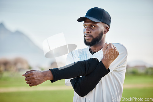 Image of Baseball stadium, stretching or black man on field ready or thinking of training match on a pitch in summer. Workout exercise, fitness mindset or sports player in warm up to start playing softball