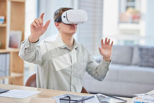 Image of Vr, virtual reality and business man in office exploring metaverse with digital technology. 3d, cyber ai and male employee with futuristic headset for gaming, internet browsing or fantasy simulation.