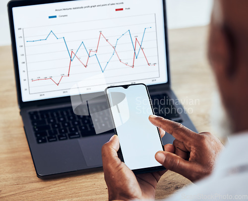 Image of Chart, laptop screen and phone, mockup and data analysis, black man and hands with sales information. Analyst, finance and financial growth monitor, ux and app with technology, dashboard and stats