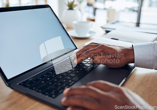 Image of Laptop mockup, man and hands on keyboard, marketing media space or planning data coming soon. Closeup worker, mock up computer screen and technology for research, seo or advertising placeholder