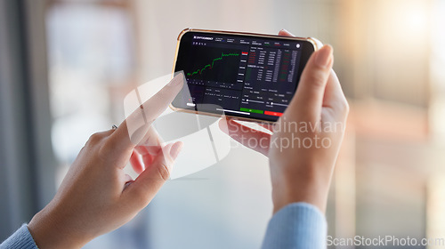 Image of Stock market, finance chart and phone in hands of woman for crypto, trading analysis and bitcoin screen. Fintech growth, ecommerce and girl on smartphone for financial statistics, profit and invest