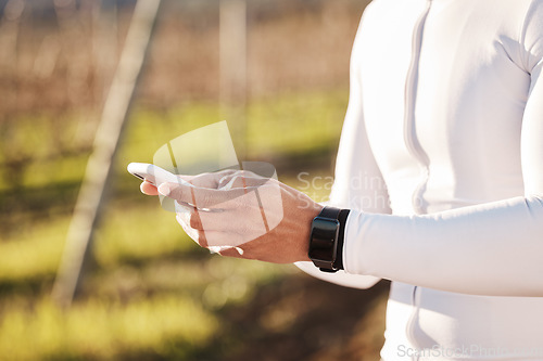 Image of Fitness app and nature, hands of man and phone at in countryside looking at gps direction or map information online. Mobile, location service and smartphone, person on internet search with smartwatch