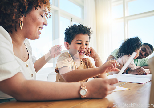 Image of Education, mother or boy child reading or learning for kindergarten with homework or school project at home. Family, smile or happy mom working or helping a creative kid student with development