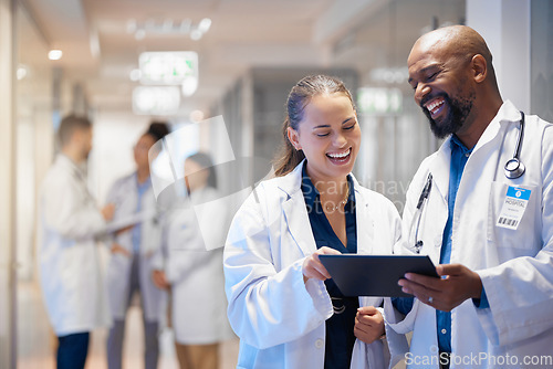 Image of Doctors teamwork on tablet for hospital research management, employees workflow or software clinic solution. Healthcare people on digital tech for medical team analysis, results or problem solving