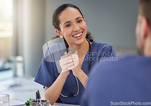 Image of Nurse, happy woman and meeting healthcare team for hospital management, medicine and leadership discussion. Female doctor, smile and talking to employees in collaboration, clinic and surgery planning