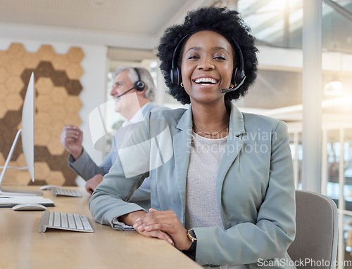 Image of Call center, smile and portrait of confident black woman at computer with headset at help desk. Customer service consultant at online crm office, leader at advisory agency with diversity and success.