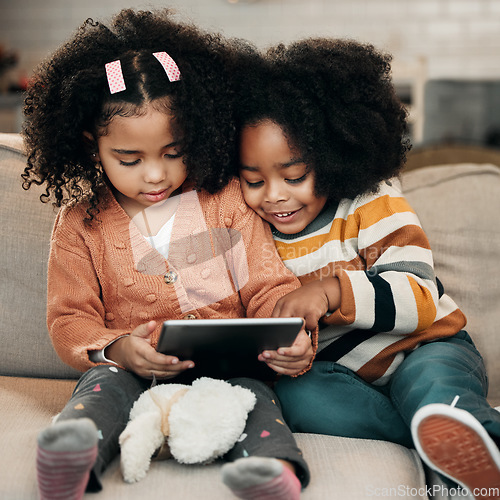 Image of Happy children on sofa with tablet for online education, fun games and watch internet cartoon or video together. Biracial family kids on couch with digital technology, app or web for movie streaming