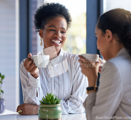 Image of Coffee shop, meeting and black woman in conversation, b2b networking and business discussion or collaboration. Professional people teamwork with tea or drink in restaurant, cafe or remote workspace