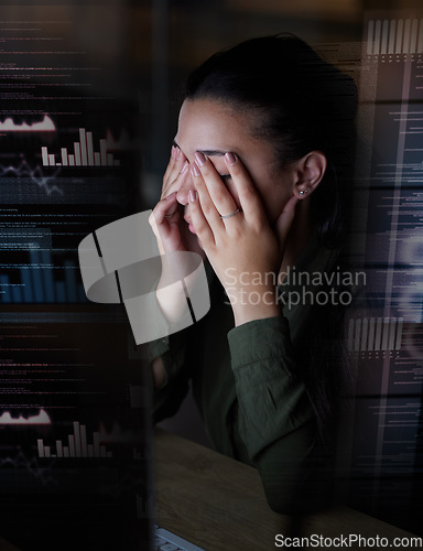 Image of Frustrated, hologram and woman with stress at night in office for coding, programming and online glitch. Digital screen overlay, 404 problem and tired, exhausted and upset female with computer error