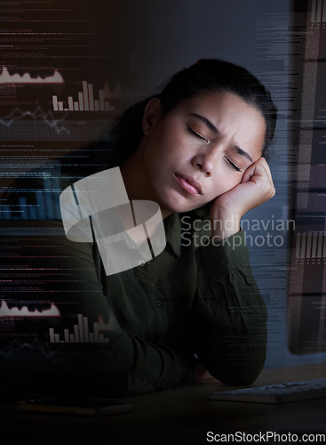 Image of Sleeping, hologram and woman with stress at night for coding, programming and information technology. Digital screen overlay, network and tired, exhausted and girl with headache on computer in office