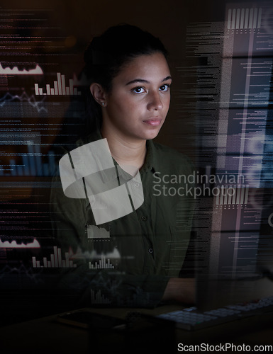 Image of Graphs, digital hologram and woman on computer in office for finance analytics, fintech and online data at night. Technology overlay, futuristic screen and female for research, network and analysis