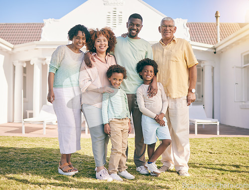 Image of Property, real estate and portrait against family house, happy and excited for new home or relocation. Face, smile and children with parents and grandparents together for moving, dream and relocating