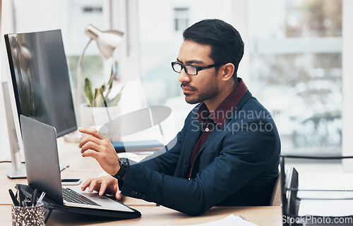 Image of Laptop, administration and business man focus on finance spreadsheet, bank software or financial accounting. Bookkeeping account data, office gesture and consultant problem solving payroll system