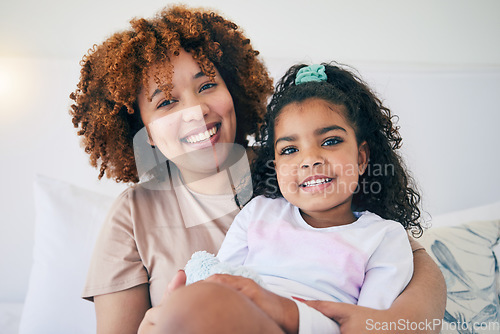 Image of Portrait, smile and mother and child or kid bonding with care, unity and love spending quality time together. Single parent, daughter and happy mom with little or young girl in a home or house