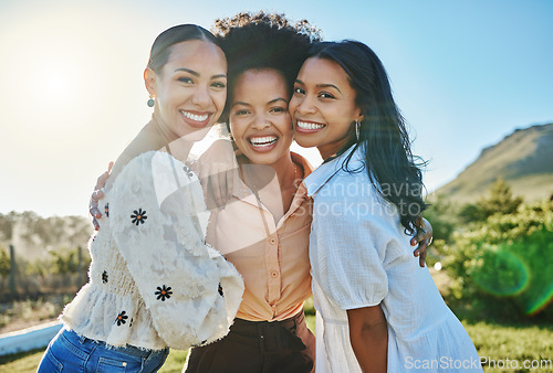 Image of Portrait, travel or friends in nature with a happy smile on fun girls trip on summer holidays vacation together. Support, relaxing or young women hugging or enjoying bonding in countryside on weekend